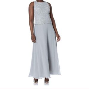 J Kara Formal Dress Sleeveless Beaded Scallop Silver Maxi Gown